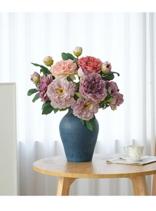 French oil painting style pink and purple peonies in a blue vase for home decor