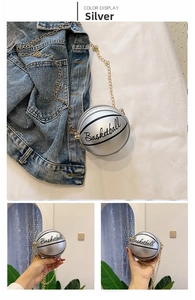Silver basketball shaped chain crossbody bag with gold hardware and zipper detail
