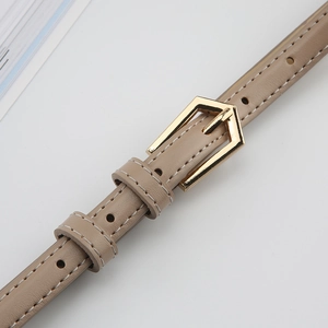 Macro shot of beige leather belt featuring a golden pentagonal buckle and white stitching