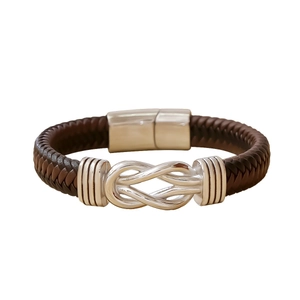 Handcrafted brown braided leather punk bracelet with silver metal knot and magnetic clasp