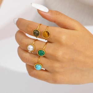 Vintage Natural Stone Adjustable Rings For Women Stainless Steel 18K Gold Plated Waterproof Hypoallergenic Retro Jewelry
