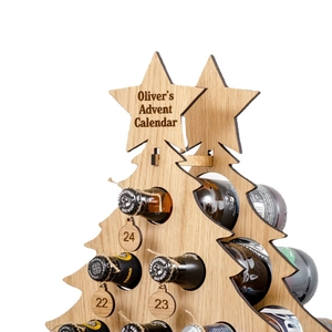 Personalized wooden Christmas tree advent calendar and beer bottle holder centerpiece