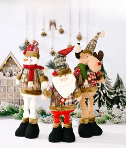 Detailed view of Christmas gnomes with retractable legs, snowman, Santa, and elk dolls