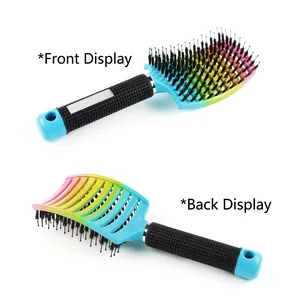 Rainbow gradient curved vent hair brush with boar bristles and non-slip handle