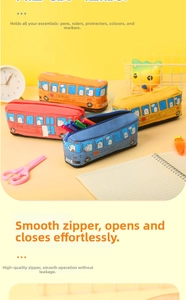 Close-up of four colorful bus-shaped canvas pencil cases with large storage capacity