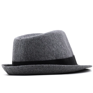 Elegant dark grey wool felt fedora hat with black grosgrain ribbon for men and women