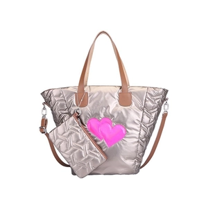 Borsa tote trapuntata argento con motivi a cuore rosa e borsa piccola rimovibile
