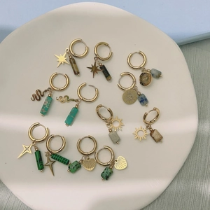 Boucles D'oreilles Créoles Boho Avec Pendentifs En Pierre Naturelle Acier Inoxydable Plaqué Or Étoile Soleil Serpent