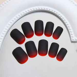 Matte black to red gradient short square press-on nails with frosted finish 24pcs set