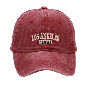 Vintage washed red baseball cap featuring Los Angeles 1850 embroidery on white background