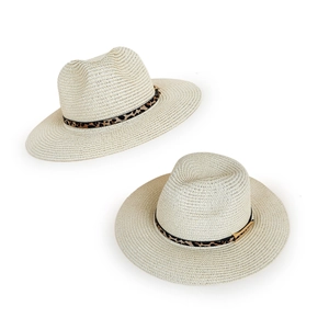 Straw fedora hat in light beige with leopard print band and gold buckle detail