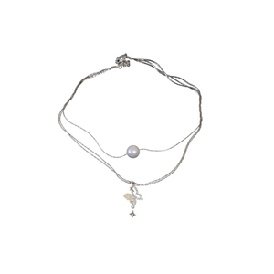 Elegant silver layered necklace with pearl pendant and hollow butterfly design for women