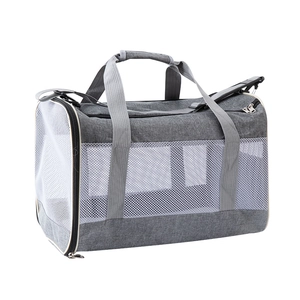 Portable gray pet carrier bag with breathable mesh and adjustable shoulder straps