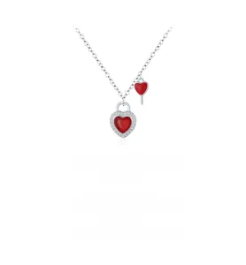 Close-up of S925 silver necklace featuring a red heart-shaped lock and key pendant