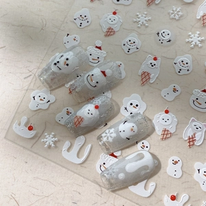 Embossed Snowman Polar Bear Snowflake Nail Stickers Cute Winter Theme DIY Relief Nail Art Decorations For New Year Christmas Women