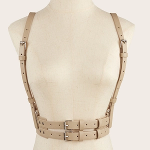 Detailed view of light khaki punk style PU leather corset belt with adjustable buckles