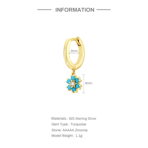 Close-up of 925 sterling silver earring featuring 8mm turquoise flower charm and 9mm hoop