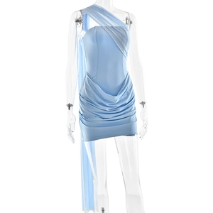 Detail of blue pleated mini dress with a long transparent mesh streamer on one shoulder