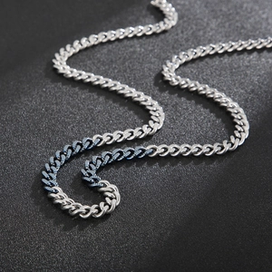 Detailed view of silver stainless steel NK curb chain necklace on black background