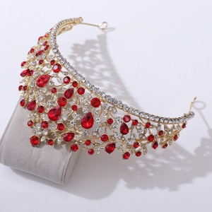 Luxury bridal crown with red teardrop rhinestones and gold floral vine design