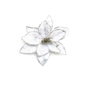Close-up of a sparkling silver glitter poinsettia flower for Christmas tree decoration