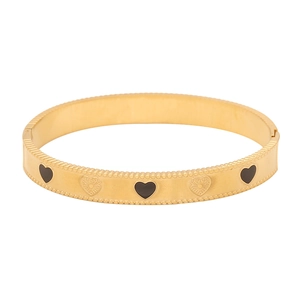 Vintage gold stainless steel hinged bangle featuring black heart and floral engraved charms