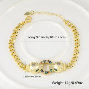 Macro view of gold plated leopard bracelet detailing zircon ring and 18cm chain length