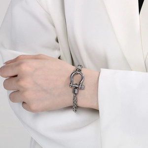 Detail of horseshoe clasp and stainless steel woven chain on white suit background