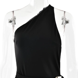 Detail of elegant black one-shoulder dress with smooth fabric texture on transparent mannequin