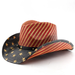 Macro shot of USA flag straw cowboy hat with metallic stars and leather hatband detail