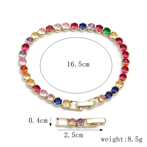 Detail of 18K gold-plated tennis bracelet with multi-color zircons and clasp measurements