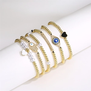 Evil Eye Heart Hamsa Hand Bracelet Copper Zircon Micro Pave Adjustable Braided Rope Faux Artificial Pearl Fashion Jewelry Women