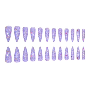 Detailed view of 24pcs long stiletto press-on nails with colorful glitter and sequins