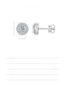 Detailed spec sheet for round 0.30Ct D-color moissanite studs in 925 sterling silver