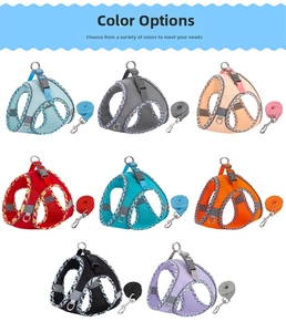 Detailed grid of breathable mesh pet harnesses and leashes in eight vibrant colors