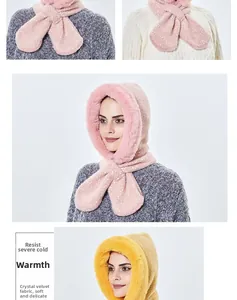 Detail of soft crystal velvet balaclava hood with plush trim and windproof neck warmer