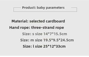 Size chart showing S, M, L dimensions for paper gift bags with three-strand rope handles