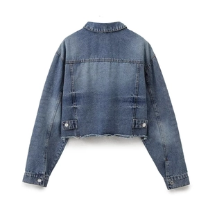 Damen Denim-Kurzjacke im Vintage-Waschung-Stil mit ausgefranstem Saum Rückansicht