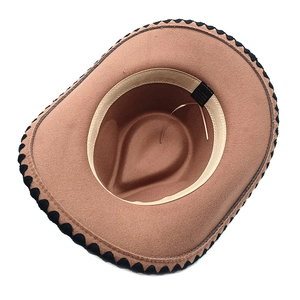 Detail view of the fedora hat interior showing the 65% cotton blend label and sweatband