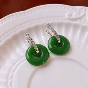 Elegant Chinese style green jade safety buckle earrings with sparkling silver zircon studs