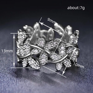 Elegant silver flower leaf ring with cubic zirconia crystals in an adjustable open design