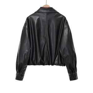 Back view of a black faux leather bomber jacket with high collar and ribbed hem details