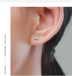 Close-up of minimalist S925 sterling silver triangle cluster stud earrings on model