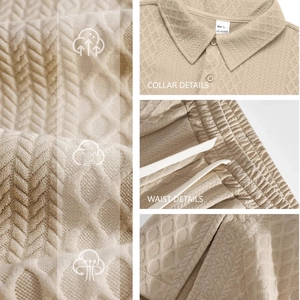 Men's casual knit polo and trousers set in beige waffle fabric featuring drawstring waist