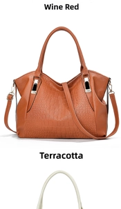 Detail of crocodile embossed faux leather handbag with handles and adjustable strap