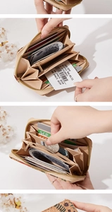 Detail view of large capacity cork wallet interior with multiple card slots and floral trim