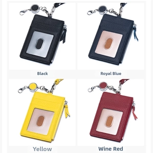 Detailed grid of leather ID badge holders in black, blue, yellow, and red colors