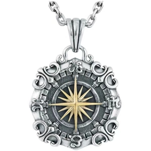 Octagonal nautical compass pendant in silver and gold stainless steel on white background