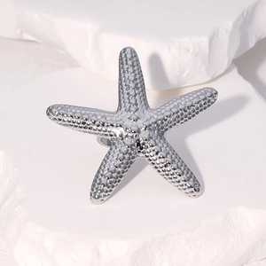 Macro view of silver starfish ring showing detailed metal texture on a white stone surface