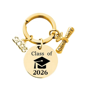 Golden Class of 2026 graduation keychain with graduate scroll and 2026 charms